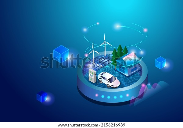 Green\
alternative consumption energy with solar panel, wind turbine and\
EV car in sandbox technology system to reduce carbon emissions. For\
sustainable positive ecology and environment.\

