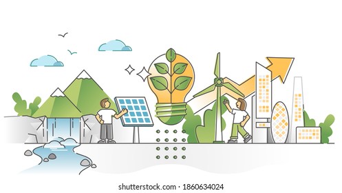 Green alternative energy consumption with solar panels and wind turbines electricity production outline concept. Emissions and CO2 free industry as sustainable eco future resources vector illustration