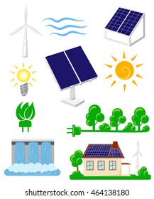 Green alternative energy design concept set with eco fuel. Different types of power wind, solar, hydro or water dam and other