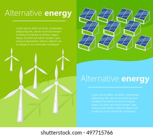 Green alternative energy design concept set with eco fuel. Different types of power wind, solar, hydro or water dam and other