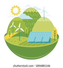 Green alternative energy. Friendly environmentally landscape with ecological infrastructure, solar panels, windmills, wind turbines. Generation and saving green energy. Vector isometric illustration.