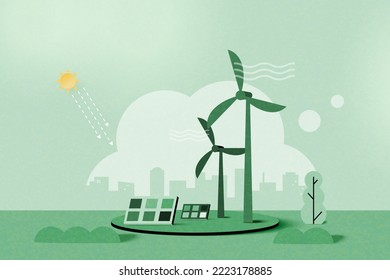 Green alternative renewable energy. Green eco friendly nature landscape background.Paper art of ecology and environment concept.Vector Illustration.