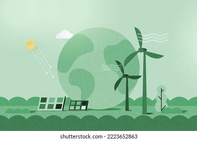 Green alternative renewable energy. Green eco friendly nature landscape background. Ecology and environment concept.Vector Illustration.