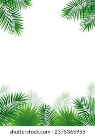 Green amazon border frame with exotic jungle plants, palm leaves, monstera and place for text. Summer foliage vector background. tropic design for travel, vacations card and banners.