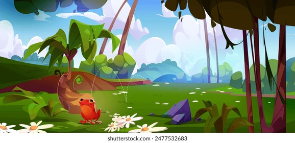 Bosque amazónico verde con fondo de árboles y arbustos. Bosque tropical naturaleza salvaje Ilustración vectorial paisajística. Selva de verano y rana mágica animal en el diseño del entorno de la vegetación hermosa