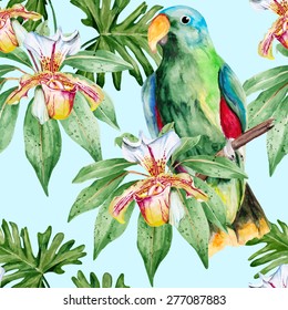 Green Amazon parrot and orchids. Watercolor. Seamless vector pattern