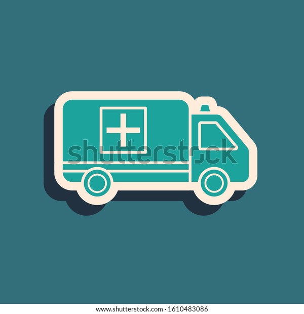 Green Ambulance and emergency car icon\
isolated on blue background. Ambulance vehicle medical evacuation.\
Long shadow style. Vector\
Illustration