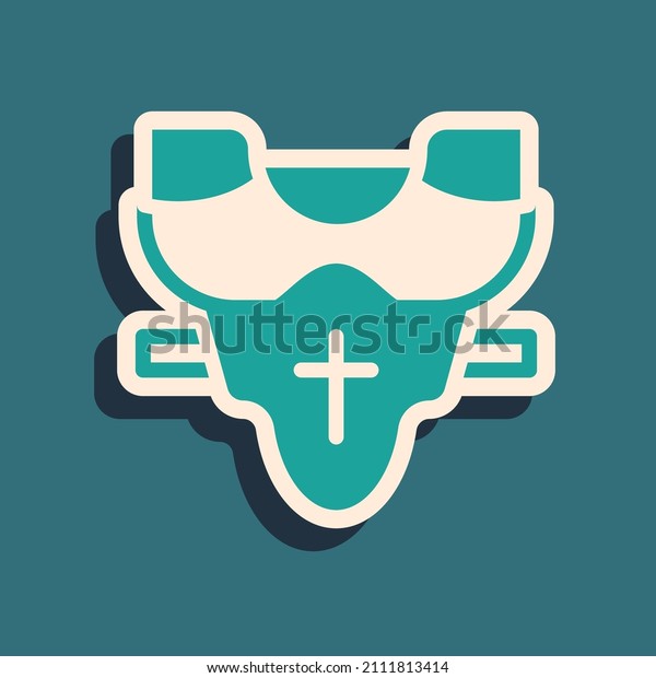 Green American football\
player chest protector icon isolated on green background. Shoulder\
and chest protection for upper body. Team sports. Long shadow\
style. Vector