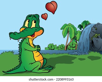 Green Amorous Crocodile with Blue Eyes and Two Red Hearts - Colored Cartoon Illustration with Background, Vector