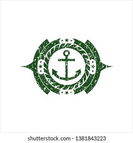 Green anchor icon inside distressed rubber seal with grunge texture