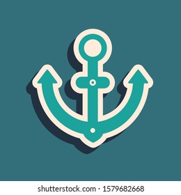 Green Anchor icon isolated on blue background. Long shadow style. Vector Illustration