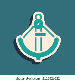 Green Anchor icon isolated on green background. Long shadow style. Vector
