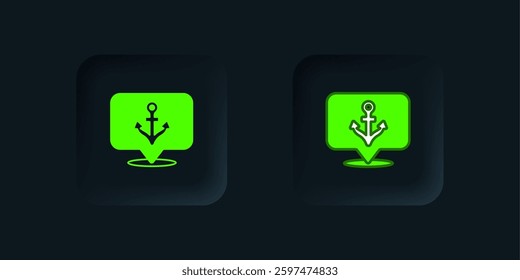 Green Anchor icon isolated on black background. Black square button. Vector