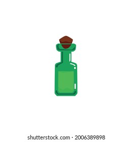 Botella verde antigua del icono de la poción mágica, ilustración plana vectorial aislada en fondo blanco. El elixir de la magdalena o el matraz de veneno símbolo o signo brillante.