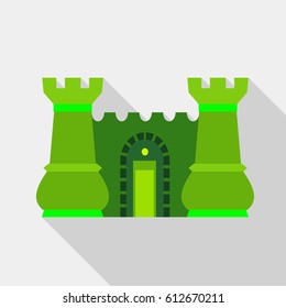 Green ancient fortress with towers icon. Flat illustration of green ancient fortress with towers vector icon for web