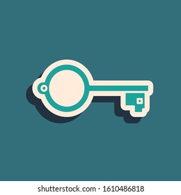 Green Ancient key for game icon isolated on blue background. Long shadow style. Vector Illustration