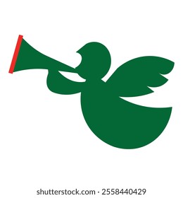 Green angel silhouette, red trumpet, minimalist design, Christmas icon, holiday symbol, flat graphic, festive illustration.