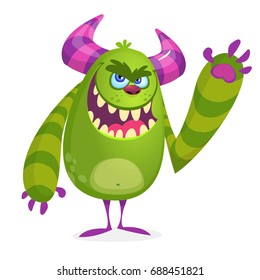 Green angry cartoon monster. Green and horned vector troll or goblin character. Halloween design