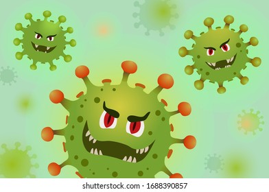 Green angry cells of corona virus. Cartoon illustration, covid19 concept
