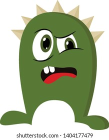 A green angry monster with green eyes, mouth opened, red tongue, two teeth, with crown, vector, color drawing or illustration. 