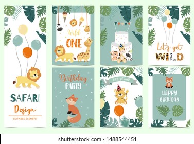 Green animal collection of safari background set with lion,fox,giraffe,zebra,balloon vector illustration for birthday invitation,postcard,logo and sticker.Wording include wild one,wild and free