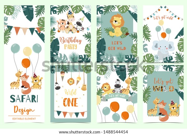 Green animal collection of safari background set\
with lion,fox,giraffe,zebra,balloon vector illustration for\
birthday invitation,postcard and sticker.Wording include wild\
one,wild and free