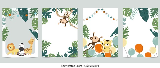 Green animal collection of safari empty frame set with lion,giraffe.Vector illustration for birthday invitation,postcard and sticker