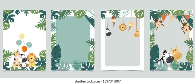 Green Animal Collection Of Safari Empty Frame Set With Lion,giraffe.Vector Illustration For Birthday Invitation,postcard,logo And Sticker