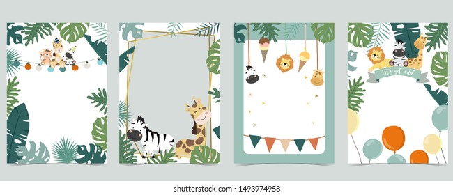 Green animal collection of safari frame set with lion,giraffe,zebra vector illustration for birthday invitation,postcard and sticker