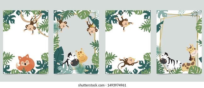 Green animal collection of safari frame set with lion,fox,giraffe,zebra,monkey vector illustration for birthday invitation,postcard,logo and sticker