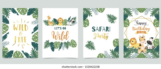 Green animal collection of safari frame set with lion, giraffe, zebra vector illustration for birthday invitation, postcard and sticker