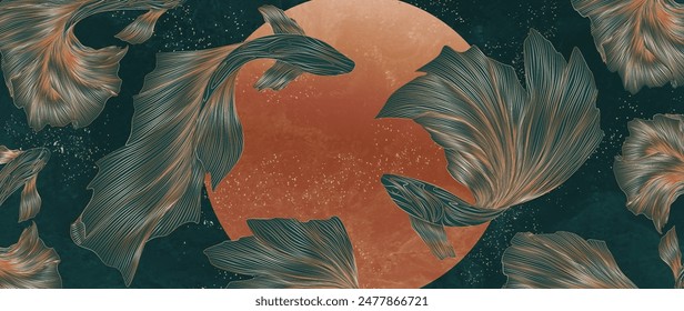 Fondo de arte animalista verde con peces koi dibujados a mano en estilo de línea con sol en el fondo. Anuncio de Vector para decoración, estampado, textil, Fondo de pantalla, diseño de interiores, embalaje, cartel.