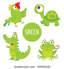 Green Animals. Cute Characters for education card. Childish Stickers