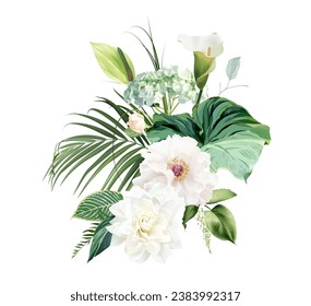 Green anthurium, white calla lily, green hydrangea, white peony and dahlia, rose, calathea, palm leaf, greenery design bouquet. Tropical wedding exotic floral. All elements are isolated and editable