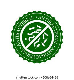 Green Antibacterial Icon, Badge or Label Isolated on White Background. Crossed sign with bacteria