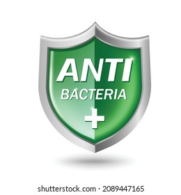 logotipo antibacteriano verde forma de escudo plateado para hacer soportes publicitarios sobre productos sobre la prevención de gérmenes,vector 3d aislado sobre fondo blanco