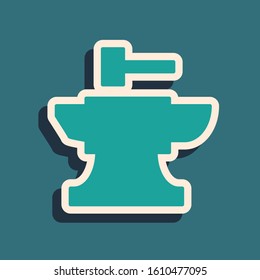 Green Anvil for blacksmithing and hammer icon isolated on blue background. Metal forging. Forge tool. Long shadow style. Vector Illustration