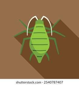 Green aphid bug insect pest icon in flat design style with long shadow on brown background