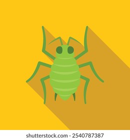 Grüne Blattlaus-Symbol im flachen Stil mit langem Schatten auf gelbem Hintergrund