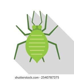 Green aphid insect pest bug icon illustration, with long shadow, isolated over white background