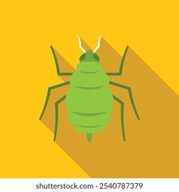 Green aphid insect pest icon in flat style with long shadow on yellow background