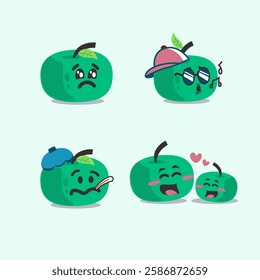 Green Aple vector designs in cool yellow color. Trendy cute illustrations patch.