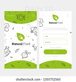 Green app design template of natural food. Concept food interface design. Modern flat design template