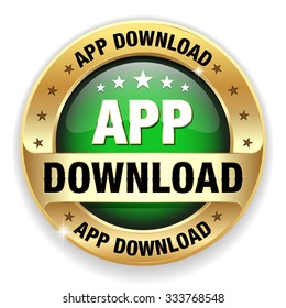Green app download badge with gold border