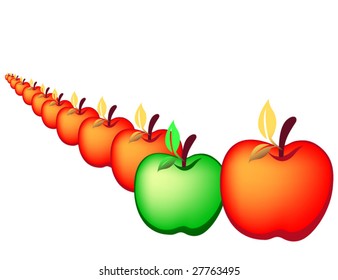 Green apple among red on a white background