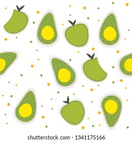 Green Apple and avocado Vector Seamless Pattrern. Colorful tropical fruits seamless pattern.