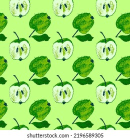 Green apple background. Vector apples seamless pattern with fruit hand drawn pencil illustration for vegan banner, juice, baby food packaging, jam label design. Color fruits backdrop. Cider badge.