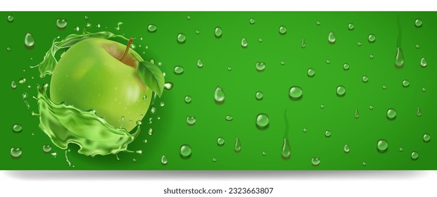 Green apple banner. Fresh apple in juice splash on green horizontal banner with drops