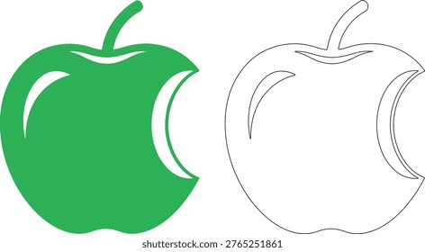 Green apple with bite taken out and outline silhouette