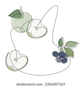 Green apple blueberry branch vector. Line continuous hand drawn illustration. Garden fruit outline icon, abstract linear silhouette. Minimal design, print, banner, card, brochure, logo, menu.